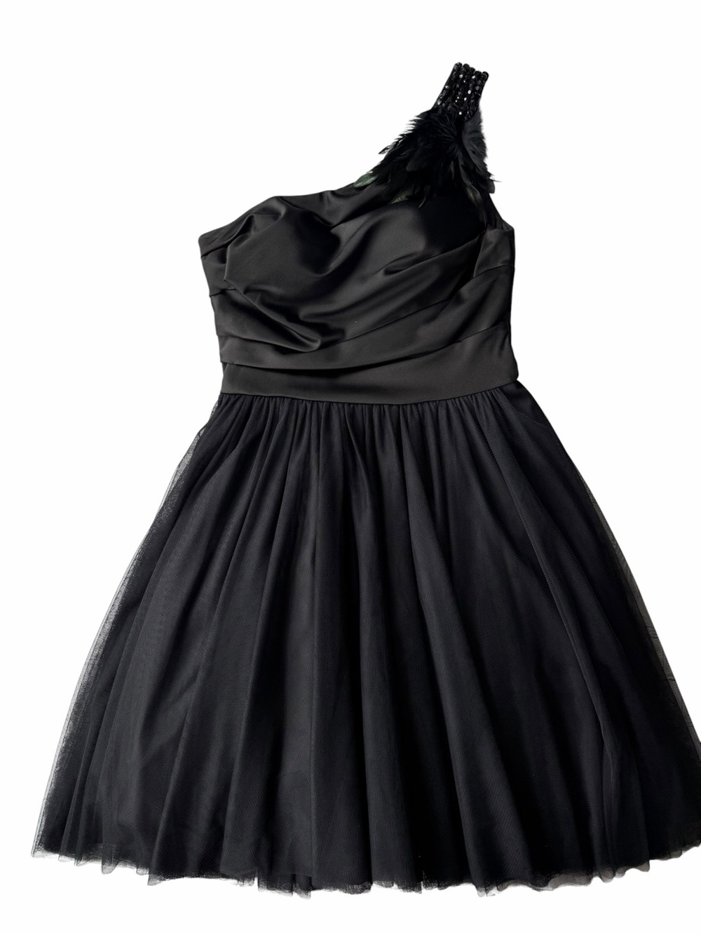 ✅ Aidan Mattox One-Shoulder Black Tulle Cocktail Dress with Feather Accent sz 4